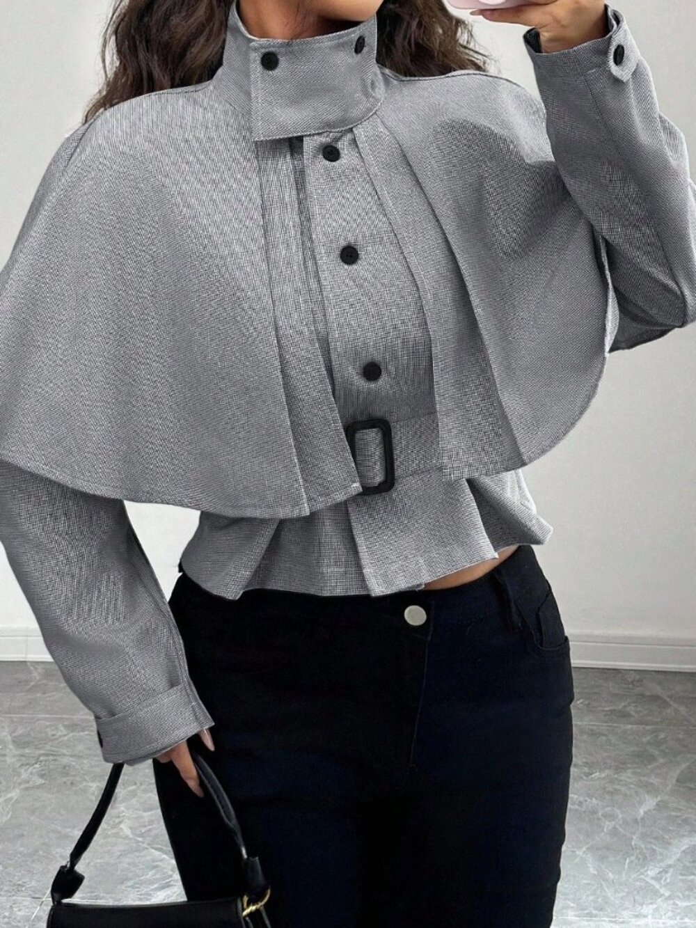 Black And White Casual Women's Houndstooth Cropped Waist Cape